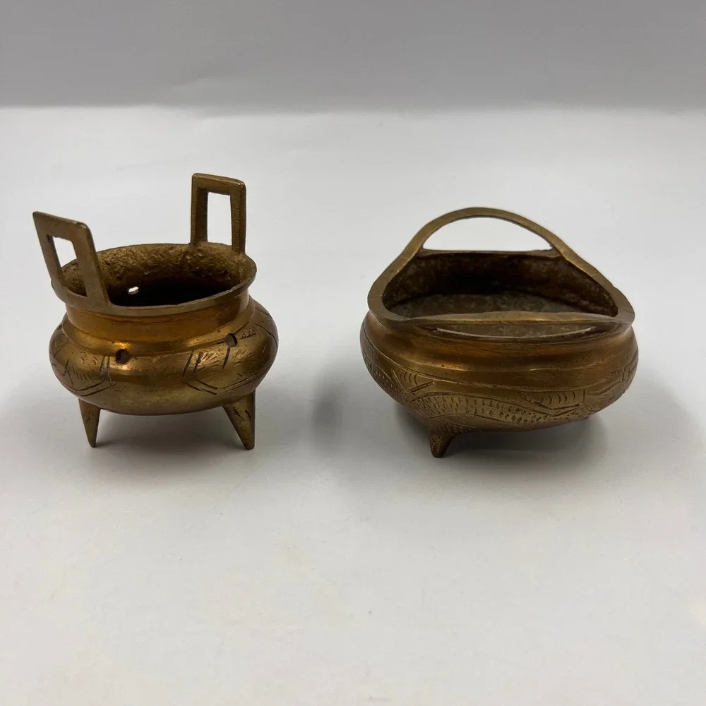 Vintage Chinese Cast Brass Miniature Incense Burners Censer Pair Tripod Handled